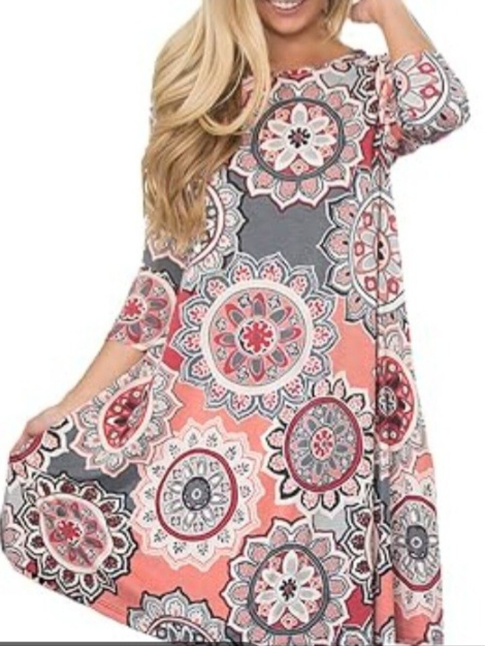Boho Mandala Print 3/4 Sleeve A-Line Shift Dress Pink Gray Coral Large